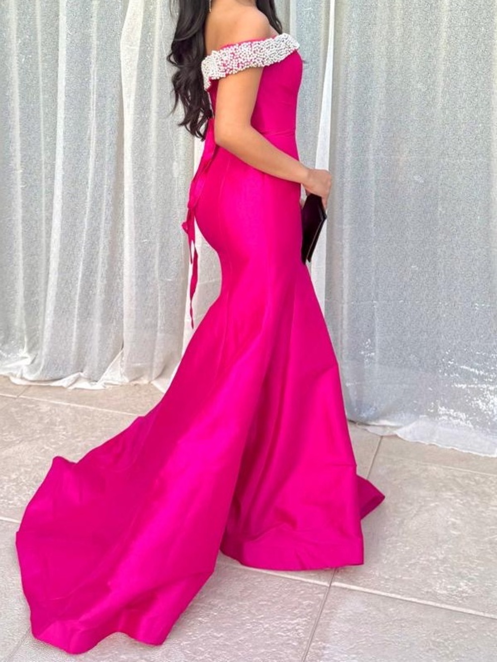 One-Shoulder Hot Pink Evening Gown with Beaded Off-Shoulder Trim